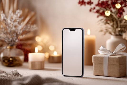 Sleek modern smartphone mockup standing on its side with a reflective glass surface and black frame in a festive holiday setting