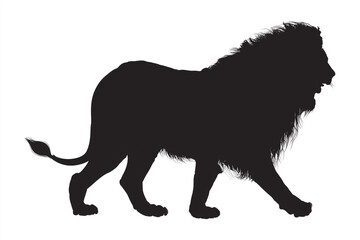 Obraz premium Majestic Lion Silhouette: A powerful lion is depicted in a striking black silhouette, showcasing its regal mane and muscular physique as it walks with determined stride.