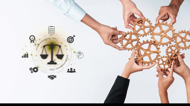 A dynamic visual featuring diverse hands working together to form a gear system, symbolizing partnership and strategy with legal scales emphasizing teamwork in a corporate context. Raster
