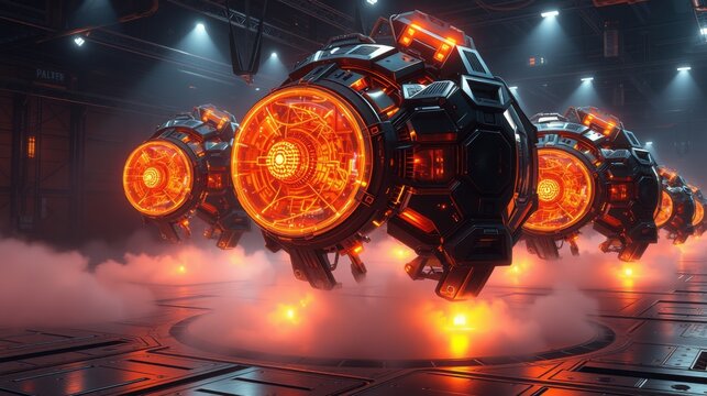 Futuristic drones hover above metallic floor. Intense orange glow emanates from engines, illuminating hangar interior. Dramatic lighting creates strong contrast.