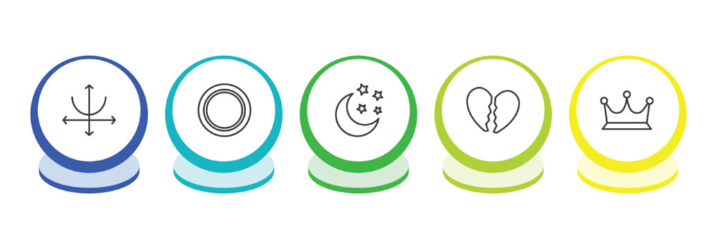 shapes outline icon set. thin line parabola, blank circle, clear night, broken heart icons. editable vector