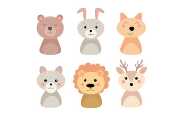 Fototapeta premium Cute Cartoon Animal Set with Cat Dog Rabbit Bear Pig Cow Lion and Fox Vector Illustration