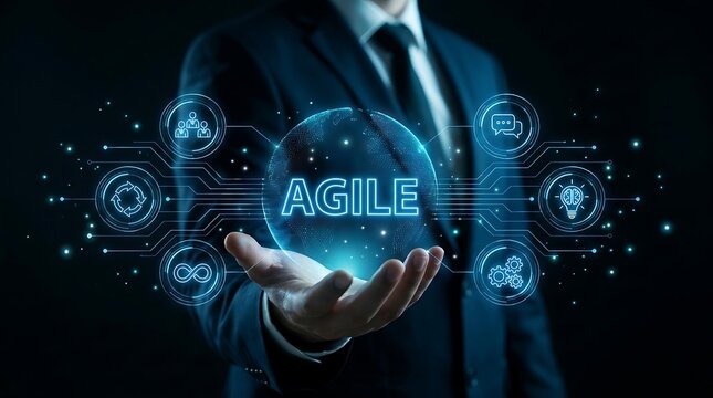 Businessman holding a glowing digital sphere with the word AGILE and interconnected icons representing teamwork, continuous improvement, and innovation
