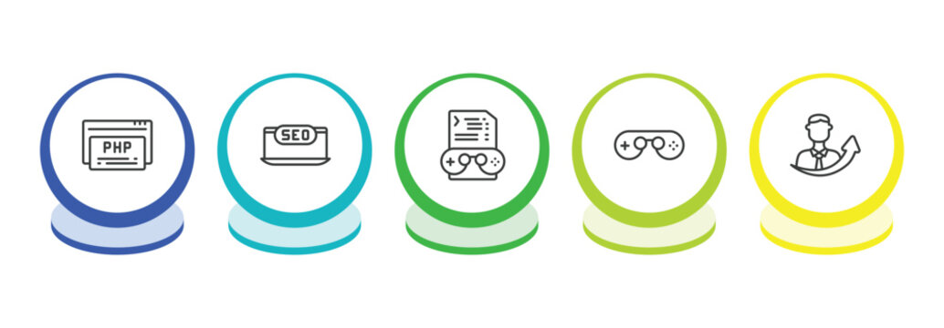 programming outline icon set. thin line php, seo monitoring, game development, console icons. editable vector