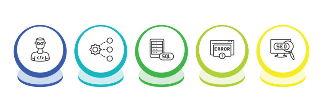 seo outline icon set. thin line developer, sharing, mysql, error icons. editable vector