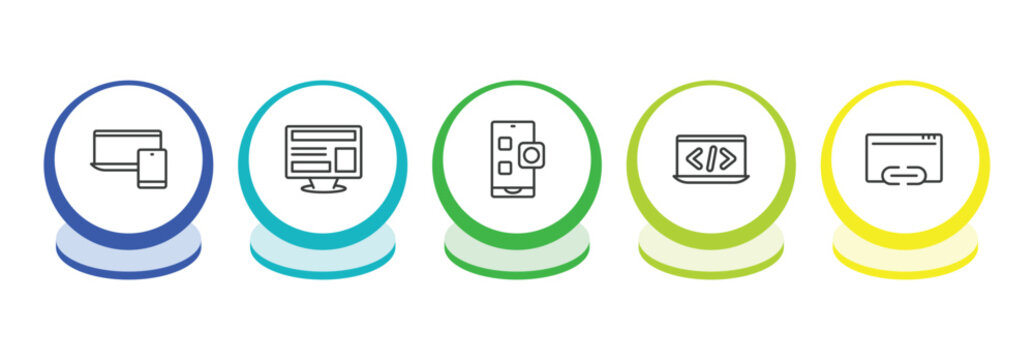 programming outline icon set. thin line responsive, program interface, app, programming language icons. editable vector