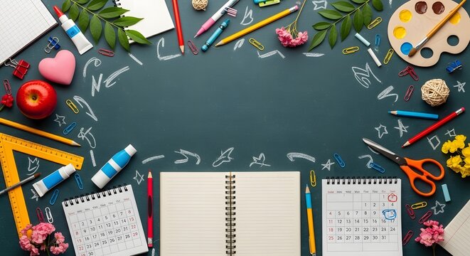Top view of school supplies arranged on dark green background with calendar and empty space for text Happy Teachers Day design Teacher's Day