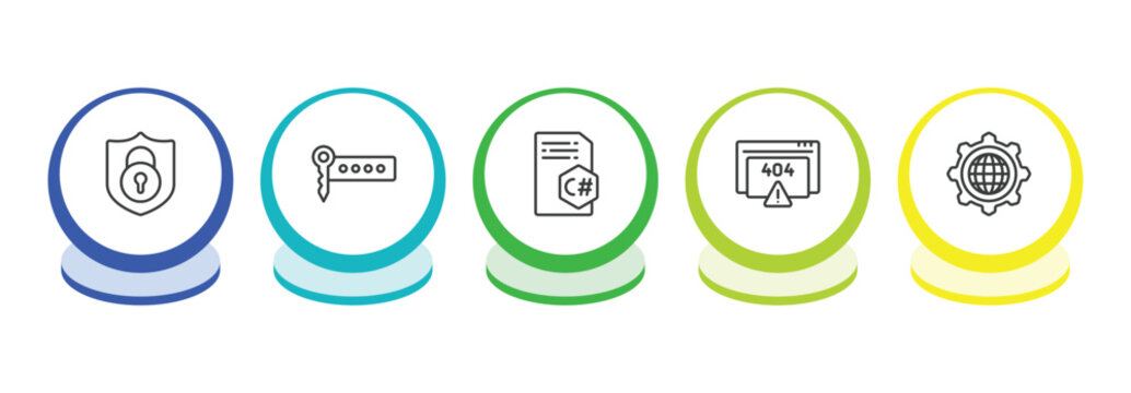 programming outline icon set. thin line encryption, seo keywords, c sharp, error 404 icons. editable vector