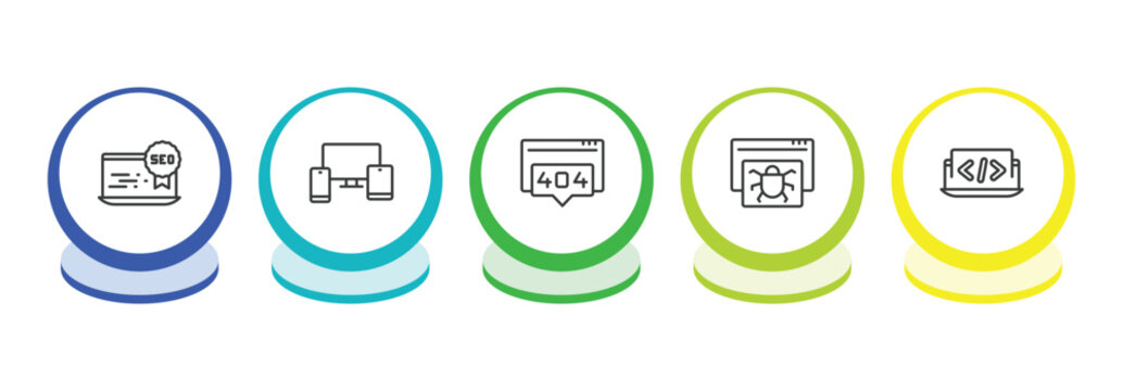 seo outline icon set. thin line seo reputation, cross-platform, 404 error, bug report icons. editable vector