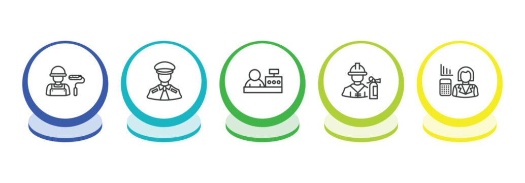 professions outline icon set. thin line dyer, pilot, cashier, fireman icons. editable vector
