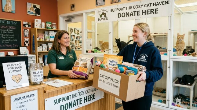 Volunteers at Animal Shelter Accepting Donations for Cats and Kittens.