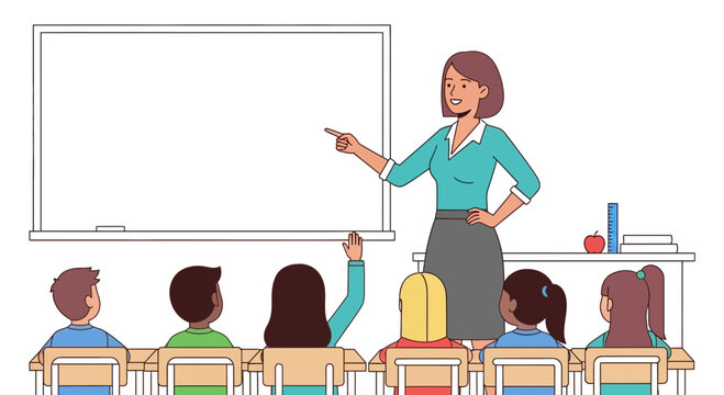 Teacher instructing students at desks in front of a whiteboard in a classroom