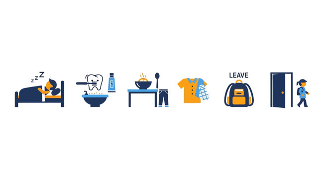Daily Routine Icons: Sleep, Hygiene, Breakfast, Dressing, Backpack, Leaving Home
