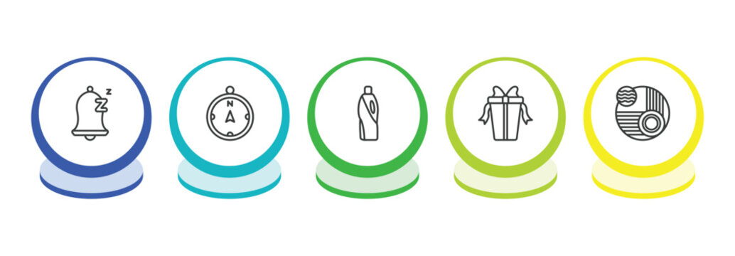 miscellaneous outline icon set. thin line snooze, compass pointing north, detergen, wrapped gift icons. editable vector