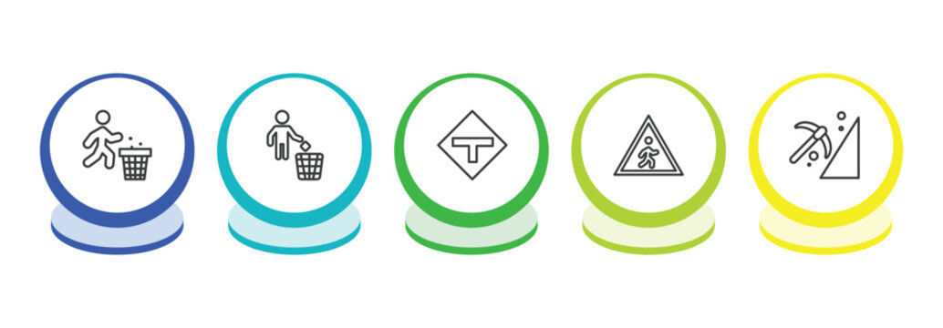maps and flags outline icon set. thin line use dust bin, throw to the bin, t road intersection, crossing zone icons. editable vector