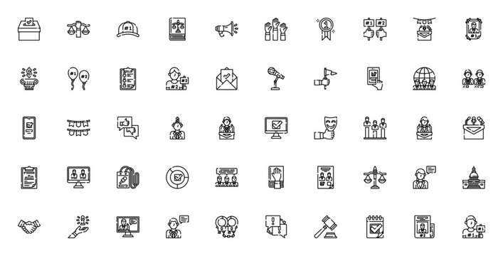 Politics related icon set. Minimal line vector icons pack. Featuring Vote, Justice, Cap, Law book, Campaign, Winner, Supporter, Speech, Candidate, Money, Ballot, and more. Editable stroke.