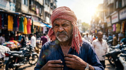 Obraz premium Senior Indian man suffering in intense heatwave at crowded market