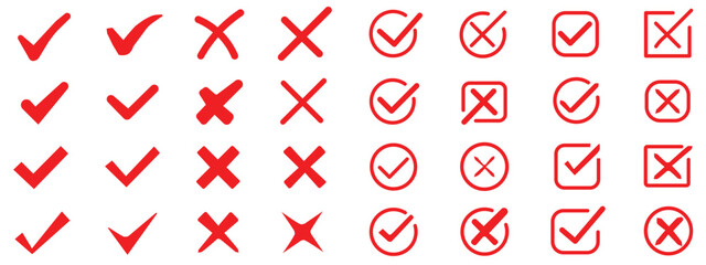 Set of green checkmark, red cross, x mark icon, flat rounded right and wrong sign concept vector illustration. tick mark symbol and x cross icon © Hike studio 8