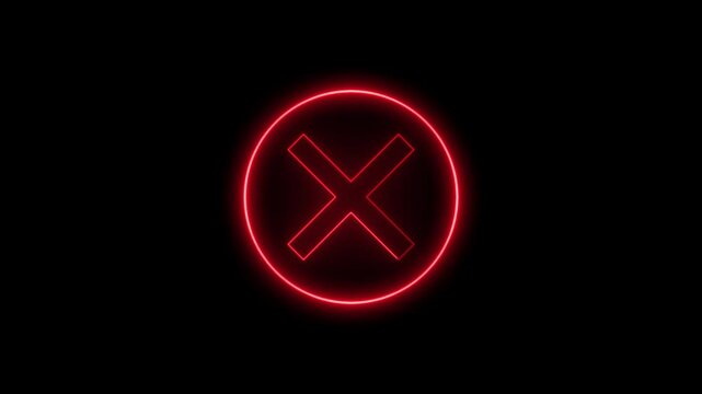 Animation of a neon glowing danger warning, incorrect cross, and red alert footage template. Danger warning sign logo animation with a black background.