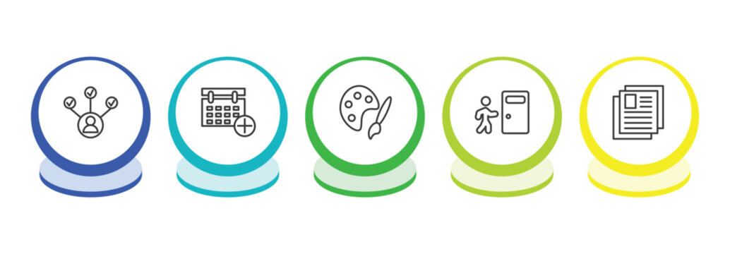 human resources outline icon set. thin line multitask, appointment, art, exit interview icons. editable vector