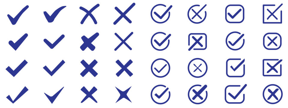 Set of green checkmark, red cross, x mark icon, flat rounded right and wrong sign concept vector illustration. tick mark symbol and x cross icon