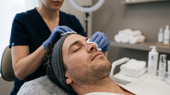 Deep Cleansing Facial Treatment for Men in Skincare Clinic, Professional Pore Cleansing Therapy, Clinical Beauty Spa Close-Up Photography