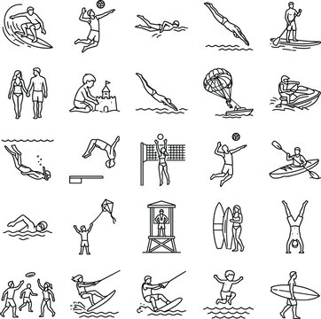 Summer Beach Water Sports Silhouette Collection - 20 Flat Vector Activity Icons Set