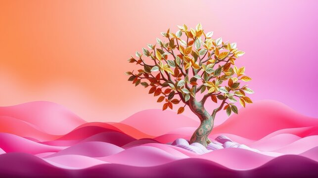 Surreal landscape features tree atop undulating pink terrain. Warm colors dominate scene, creating dreamlike quality. Soft lighting enhances visual appeal.