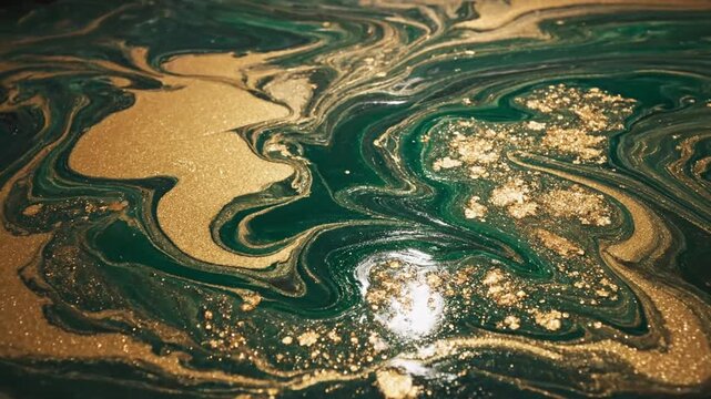 Abstract emerald green and gold liquid marble texture
