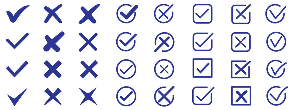 Right and wrong buttons. Yes or no check mark icons in green tick box and red cross. Set of red X and green check mark.