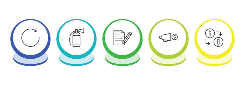 general outline icon set. thin line clockwise, fire estinguisher, copywriting, marketing budget icons. editable vector