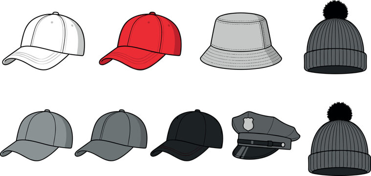 Headwear and Hat Collection Including Baseball Caps Bucket Hat Beanie and Police Officer Peak Cap Mockups for Fashion Apparels and Uniform Vector Designs