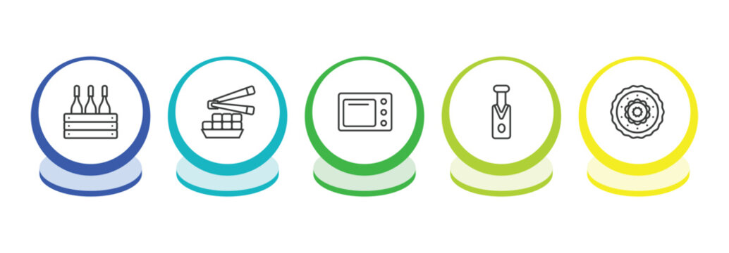 food and restaurant outline icon set. thin line wine bottles in a box, fried tofu curd balls, kitchen pack, sparkling wine icons. editable vector