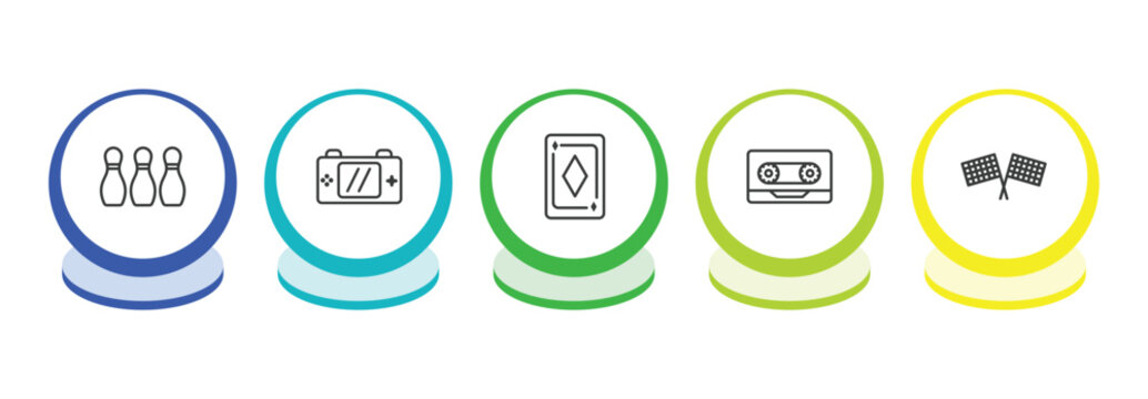 arcade outline icon set. thin line bowling pins, handheld game, ace of diamonds, music tape icons. editable vector