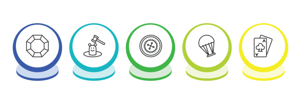 entertainment outline icon set. thin line crystal, whack a mole, roulette, paraplane icons. editable vector