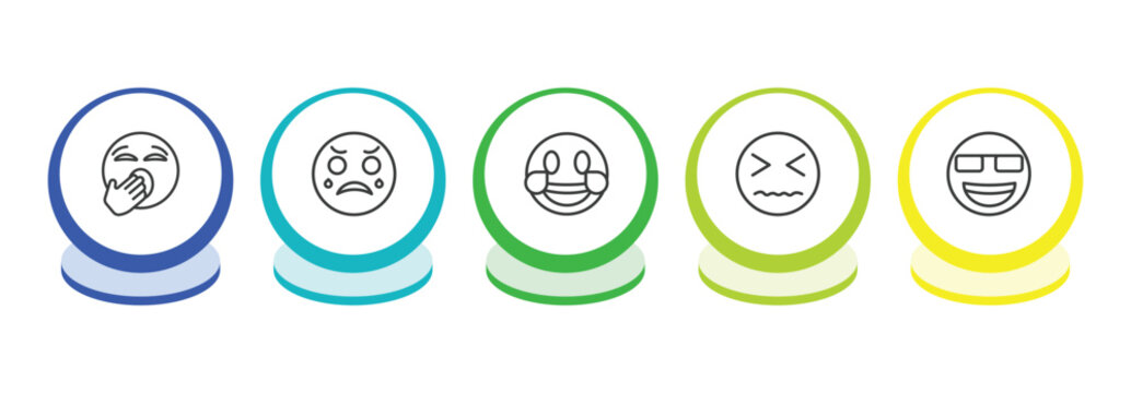 emoji outline icon set. thin line yawning emoji, crying emoji, laugh desperate icons. editable vector