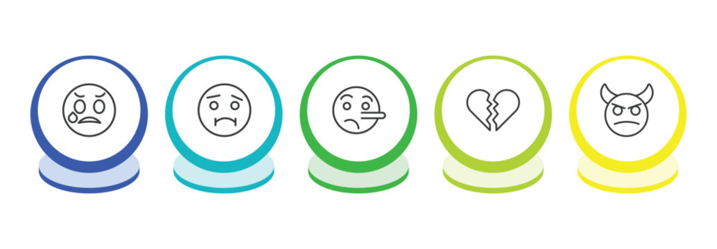 emoji outline icon set. thin line disappointed emoji, nauseated emoji, lying broken heart icons. editable vector