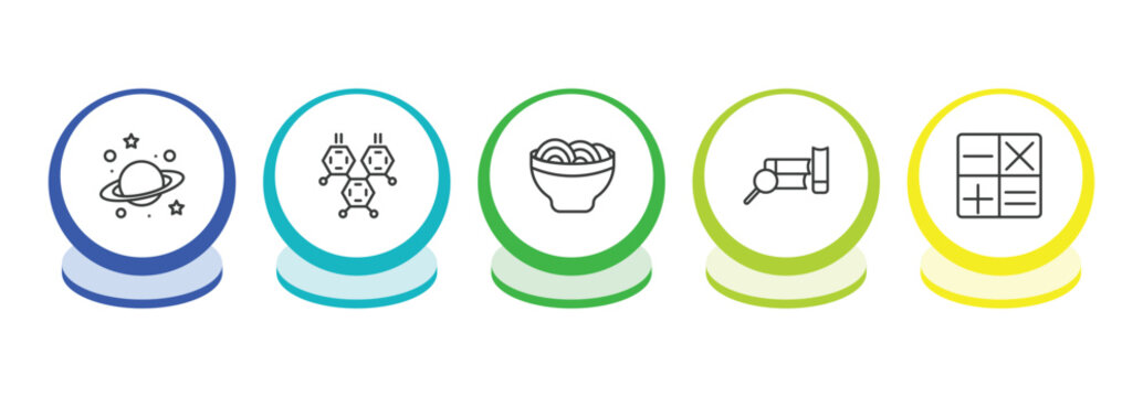 education outline icon set. thin line planet saturn, chemical diagram, mie, research with books icons. editable vector
