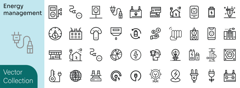 AI smart energy infrastructure outline icon set featuring electric vehicles charging renewable grid automation vector collection for dashboards interfaces presentations applications platforms