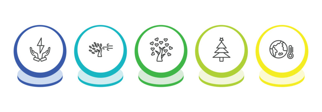 ecology outline icon set. thin line green energy source, wind bending tree, tree of love, christmas trees icons. editable vector