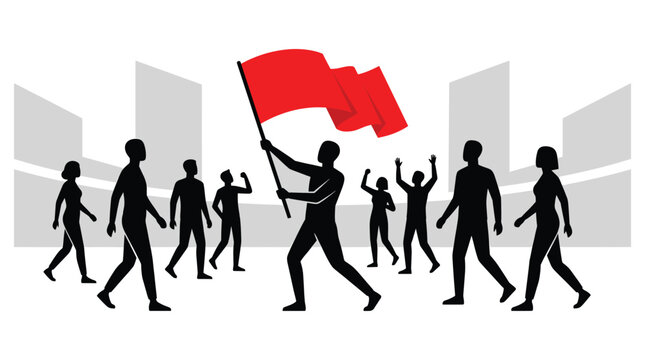 Silhouette of people with red flag vector illustration against a gray background group crowd figures human individuals protesters demonstrators rally movement banner symbol emblem graphic
