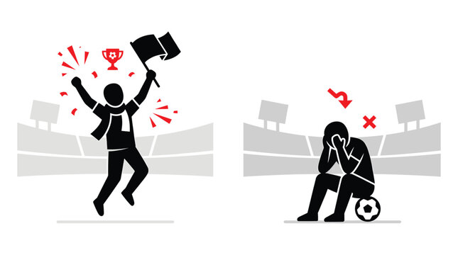 Silhouette of celebrating and dejected soccer fans with stadium background athlete competition disappointment fan football game joy loss match motivation player rivalry sadness sport victory