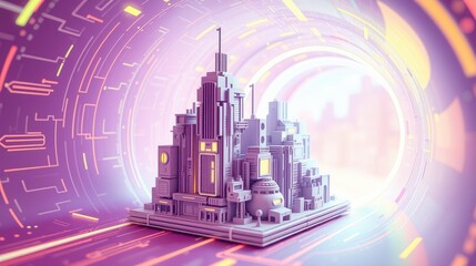 Obraz premium Futuristic city inside glowing tunnel. Complex structures, vibrant pinks, purples dominate scene. Digital aesthetic present.