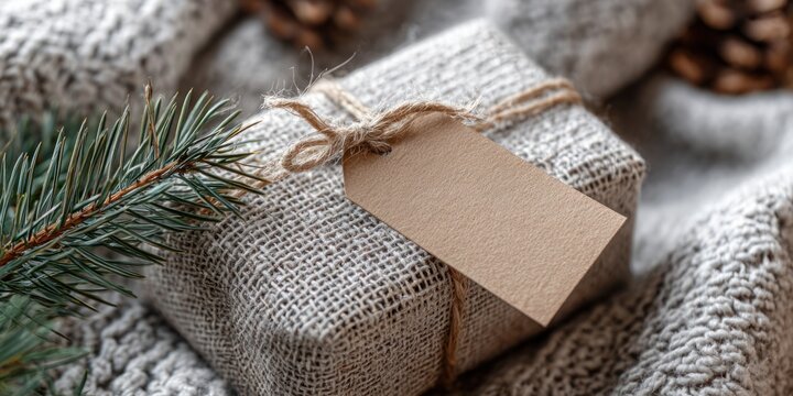 Elegant wrapped gift with a gift tag on top, showcasing a luxurious finishing touch for special occasions