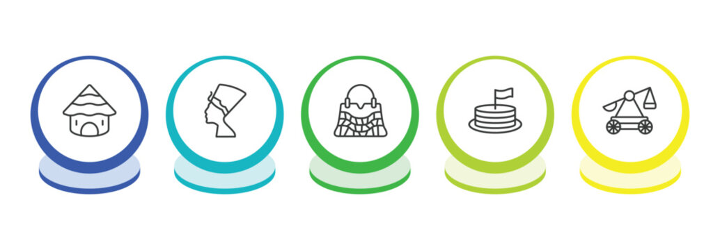 cultures outline icon set. thin line mud hut, nefertiti, crocodile leather bag, cake with a flag icons. editable vector