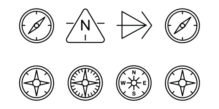 Navigation compass and north arrow outline icons set symbol vector illustration