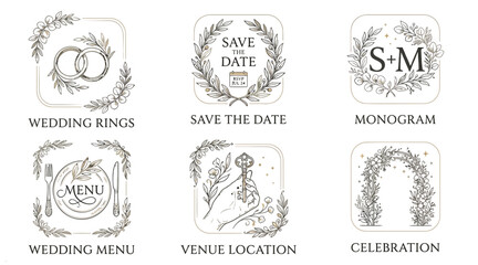 Fototapeta premium Botanical Wedding Monograms and Emblems with Floral Wreaths