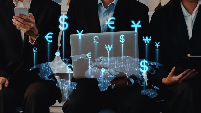 Professionals in formal attire collaborate in a modern office space, utilizing laptops while digital currency symbols hover above a world map, illustrating global finance dynamics. Raster