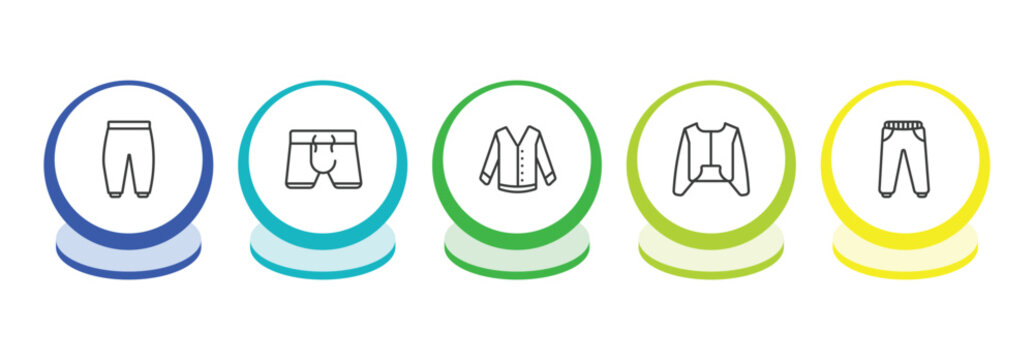 clothes outline icon set. thin line harem pants, boxers, cotton cardigan, nylon jacket icons. editable vector