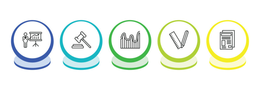 business outline icon set. thin line graphic panel and man, trial hammer, wave chart, maths tool icons. editable vector